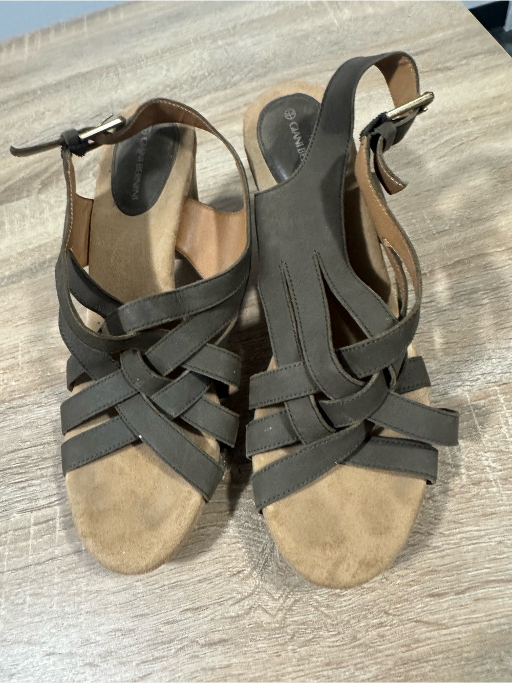 Leather Strappy Wedge Sandals in Dark Brown